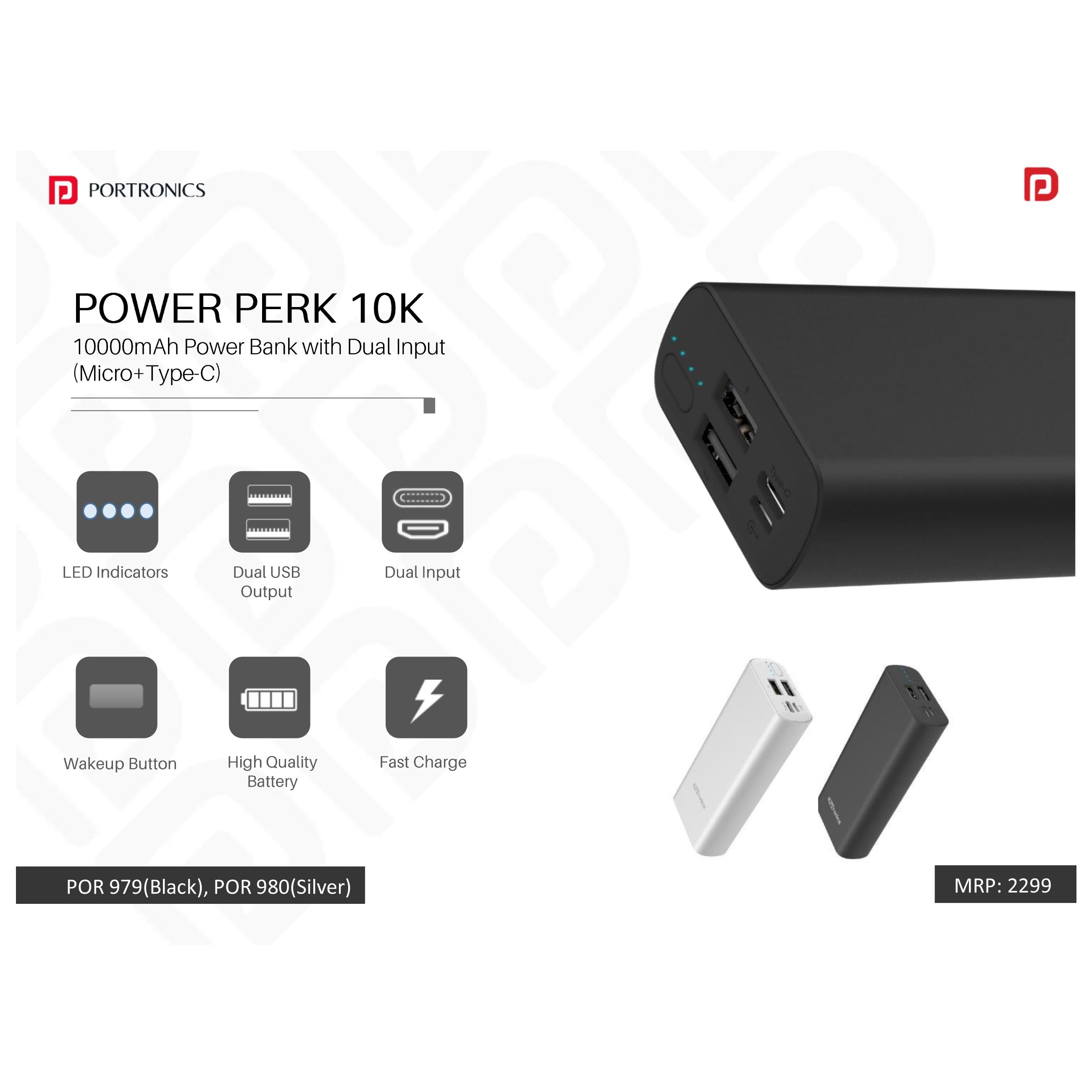 Portronics 10000mAh Power Bank with Dual Input (Micro+Type-C) - POR 979/980